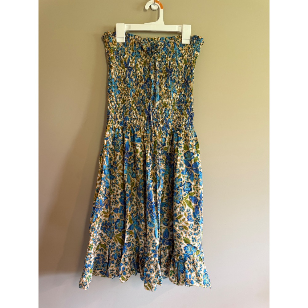 Island Planet Miami Beach Smocked Strapless Floral Cotton Midi Dress Blue Green